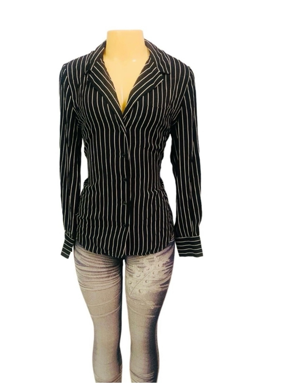 Black and White Pinstripe Button-Up Blouse Sz L Women